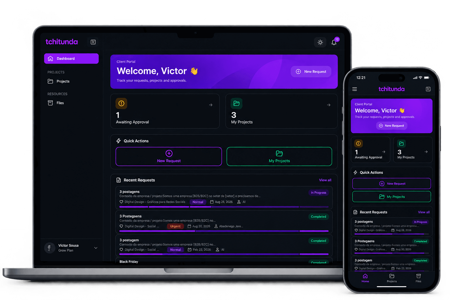 Painel do cliente da plataforma Tchitunda no computador e no telemóvel